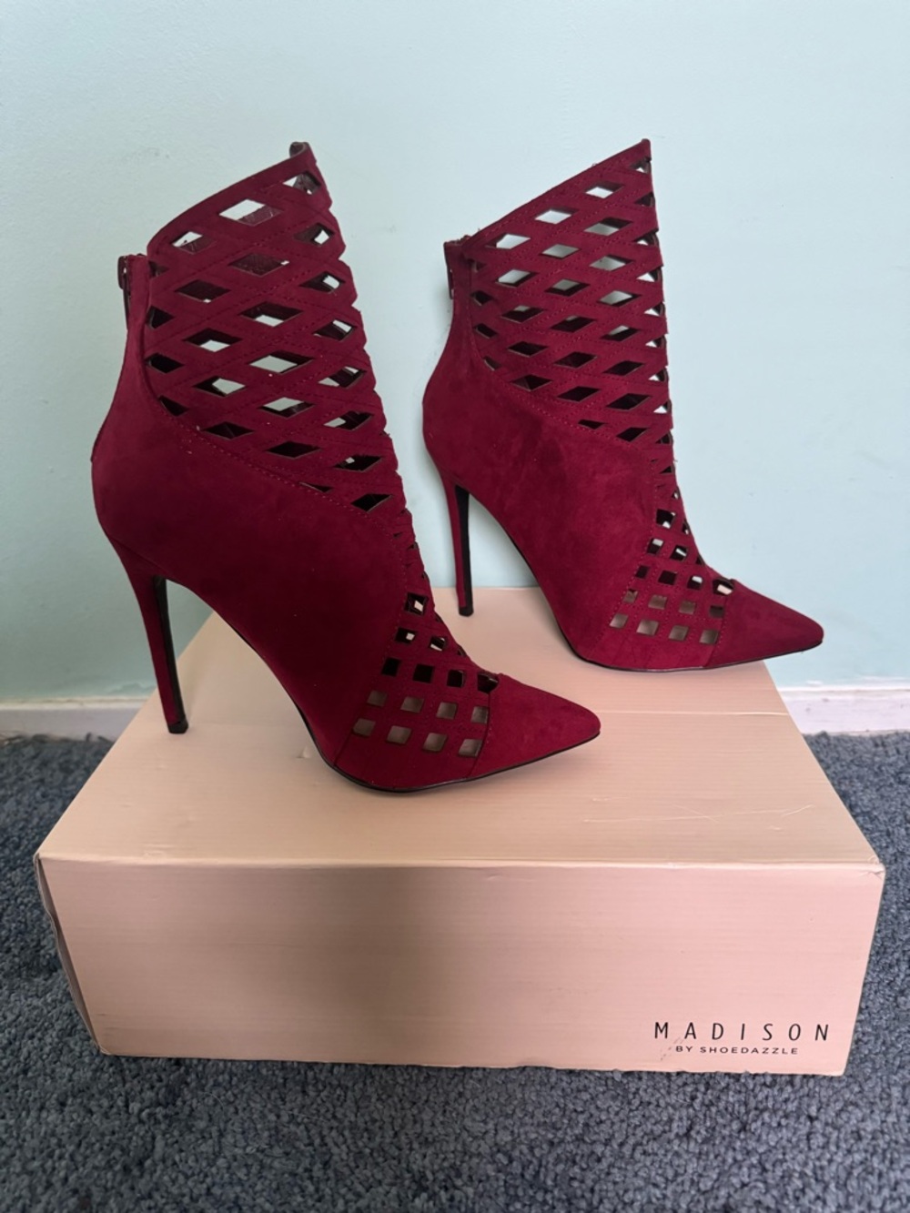 Madison Wine Red Suede Lattice Cutout Stiletto Booties